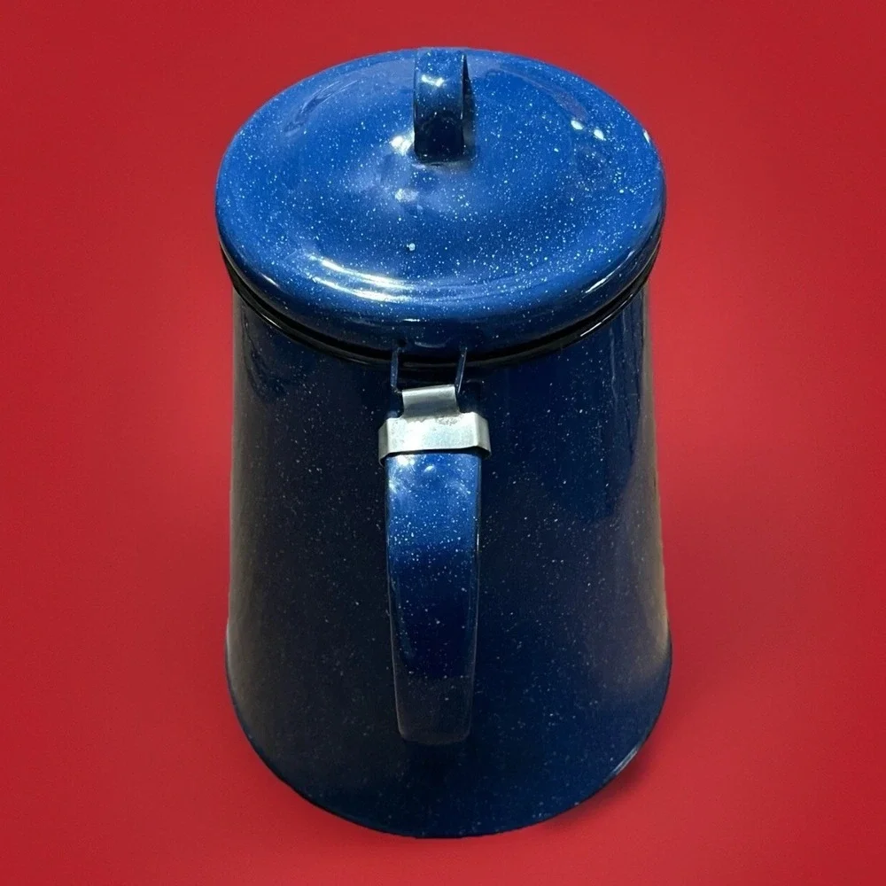 Vtg. Lg Enamelware Graniteware Blue Speckled Stove‎ Top Coffee Pot 10